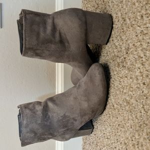 Grey suede block heel booties